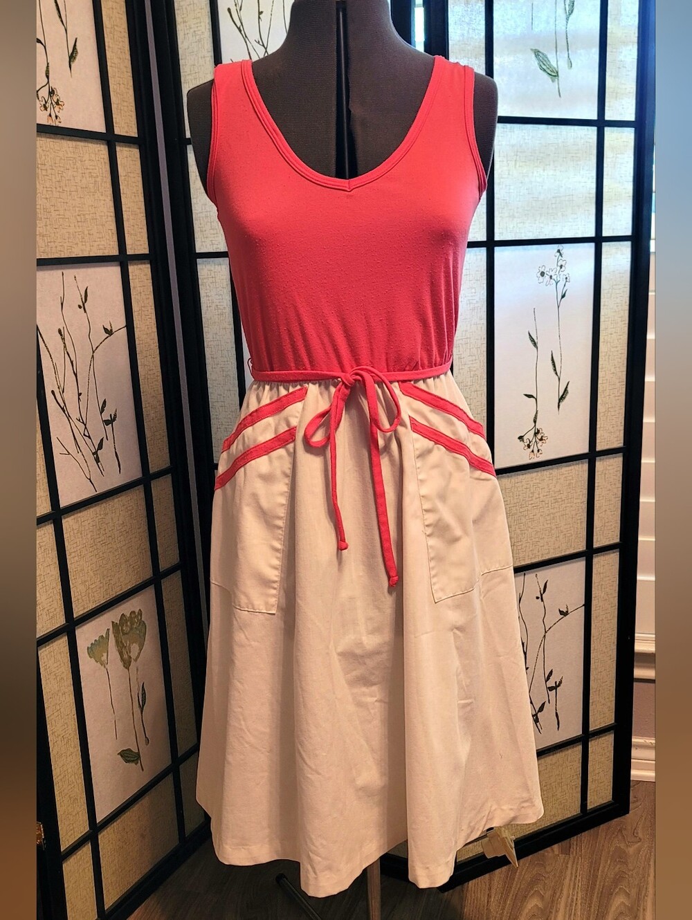 VTG | TONI Petite Coral Pink and White Sleeveless Dress with Waist Tie